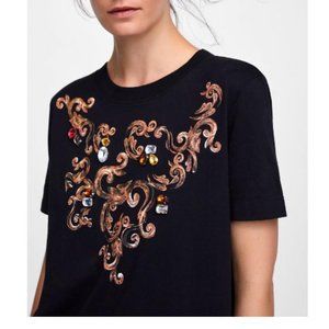 Zara Baroque Print Tee w Jewel Applique L NWT